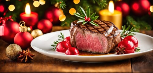Steakhouse christmas meal. Closeup of a perfect medium roasted juicy steak, carefully arranged and decorated with christmas greens and ornaments