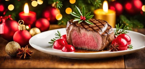 Poster Steakhouse christmas meal. Closeup of a perfect medium roasted juicy steak, carefully arranged and decorated with christmas greens and ornaments © Kai Köpke