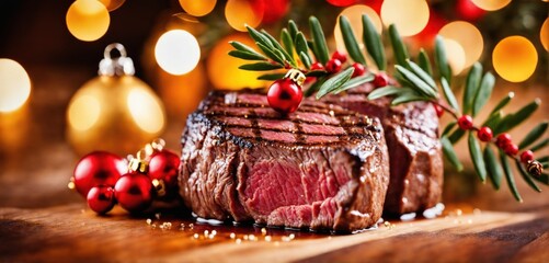 Steakhouse christmas meal. Closeup of a perfect medium roasted juicy steak, carefully arranged and decorated with christmas greens and ornaments