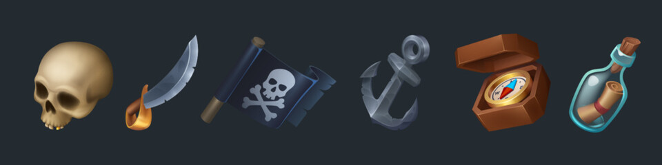 Pirate game ui icon element with map and skull. Adventure for caribbean treasure in bottle gui illustration. Isolated anchor, black flag, parchment, compass and sabre weapon user interface design.