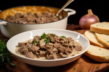 beef stroganoff dish with slice of bread on the side