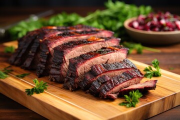 colorful bbq brisket slices on a board, garnished with parsley