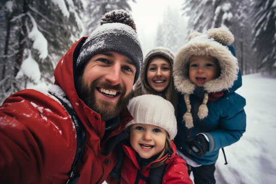 Happy family, Father, mother, daughter and son selfie together while hiking on winter high peak mountains. Family activity enjoying to travel together. Generative AI.