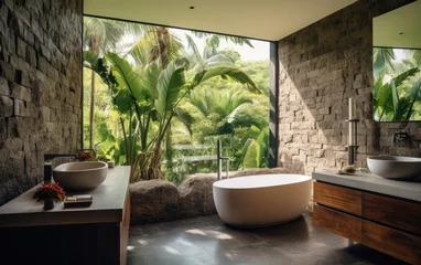 Foto op Canvas Stylish minimal design bathroom with tropical vibe, stone walls and lush jungle view. Generative AI © piai