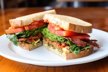 a breakfast sandwich with bacon, lettuce, and tomato