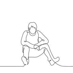 man sits on the floor with his legs spread wide, elbows on his knees and palms together - one line art vector. concept relaxed pose for sitting on the floor