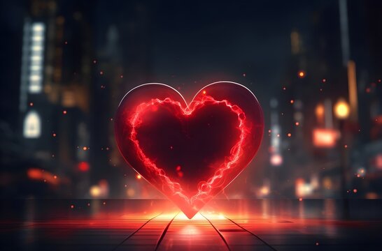 a bright red neon heart glowing in the black