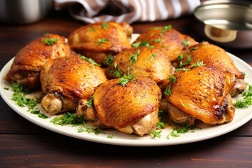 cooked chicken thighs displayed proudly on a plate - obrazy, fototapety, plakaty
