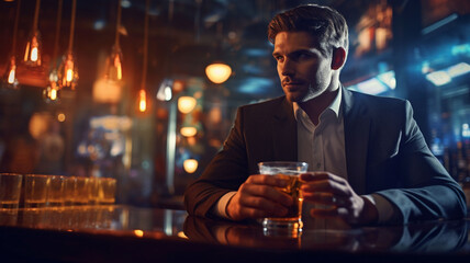 businessman in the bar drinking alcohol before work hard - obrazy, fototapety, plakaty
