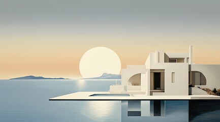 a white house with a pool in the background, greek art, and architecture, minimalist abstracts, rounded forms, serene oceanic vistas, organic architecture - obrazy, fototapety, plakaty