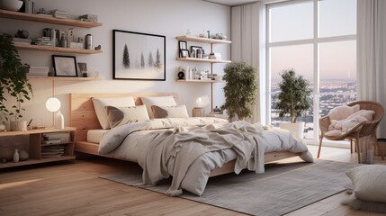 bedroom with a Scandinavian-inspired decor, featuring clean lines and cozy textiles