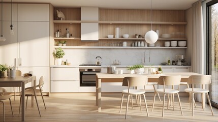 Design a kitchen with Scandinavian-inspired decor, featuring clean lines and neutral colors