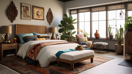eclectic bedroom decor with a mix of global-inspired textiles and unique art pieces