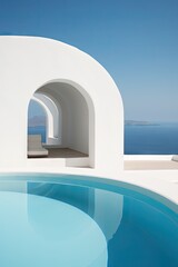 a white house with a pool in the background, greek art, and architecture, minimalist abstracts, rounded forms, serene oceanic vistas, organic architecture