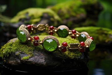 bracelet with semi-precious stone beads resting on a mossy rock - obrazy, fototapety, plakaty