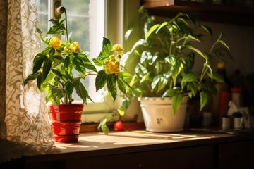a chili pepper plant on a kitchen windowsill with morning sunlight
