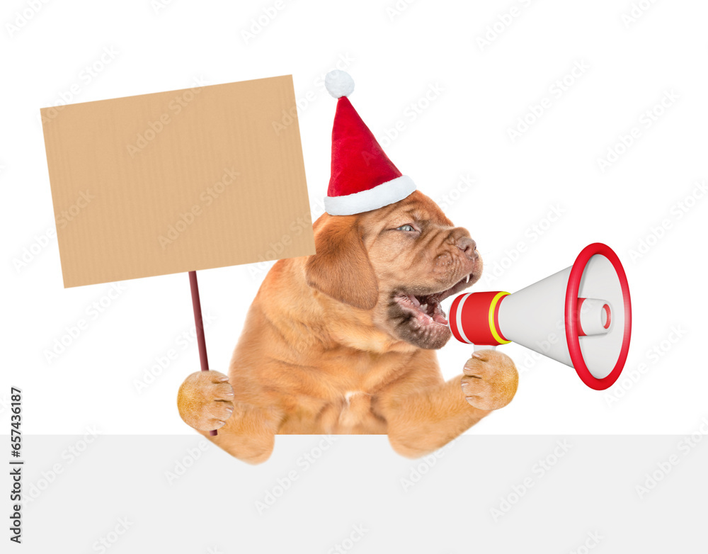 Poster funny puppy wearing santa hat screams into a megaphone above empty white banner and shows empty plac