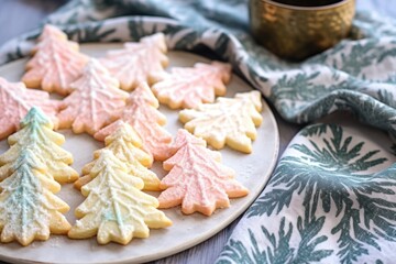 sparkly sugar cookies in the shape of winter trees on a festive napkin