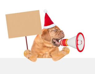 Funny puppy wearing santa hat  screams into a megaphone above empty white banner and shows empty placard. isolated on white background