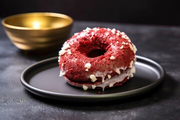 red velvet donut with white frosting on a slate plate