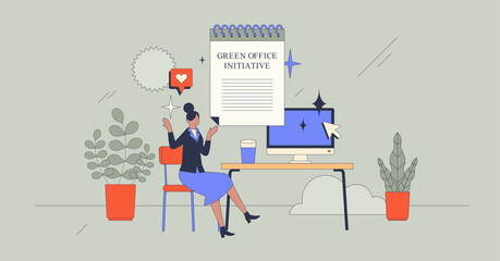 Eco friendly office and green initiative principles retro tiny person concept. Sustainable, environmental and ecological corporate workplace with ethical business standards vector illustration.