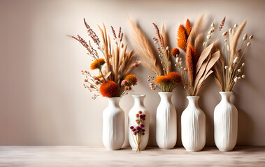 白い陶器の花瓶にドライフラワーを入れたフラワーアレンジメント
