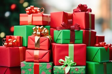 dozens of red and green gift boxes of varying sizes stacked high