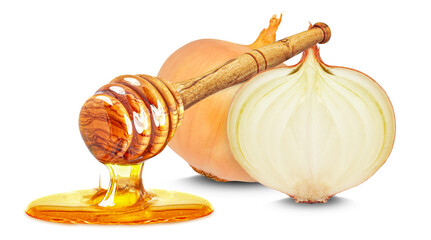 onion and dripping honey isolated on white background