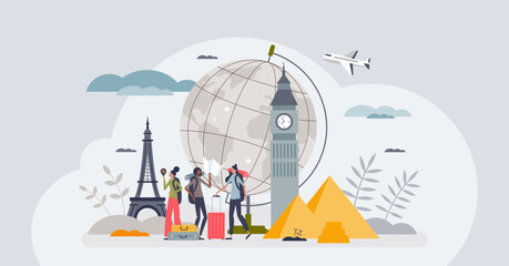 Travel and exploration tourists visit Europe countries tiny person concept. Trip to international destinations to enjoy different cultures and popular places vector illustration. Worldwide discovery.