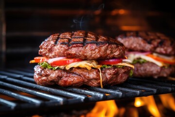 double stacked burger sizzling on high-temperature grill
