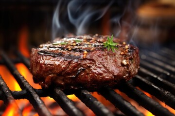 close-up of sizzling burger on a barbecue grill