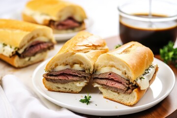 french dip sandwich on a white plate, sliced in half