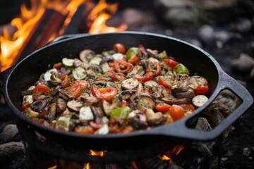 campfire skillet cooking mixed mushrooms