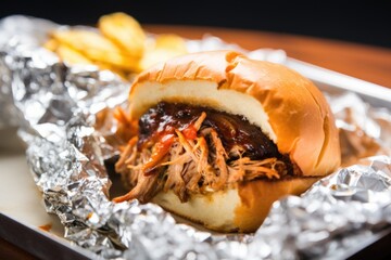 tin foil wrapped carolina pulled pork sandwich