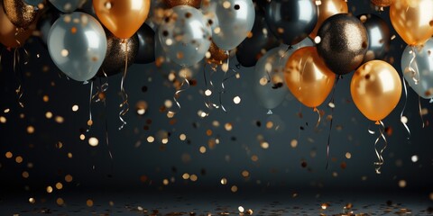 celebration background with confetti and gold balloons, generative AI