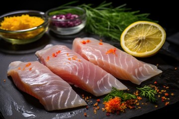 citrus fruit slices on top of raw marinates fish on a dark surface