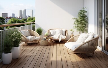 Modern loft balcony with wooden floors, concrete walls and rattan furniture. Generative AI - obrazy, fototapety, plakaty