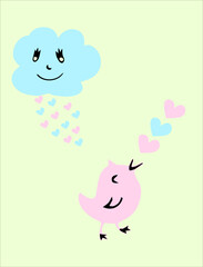 A cloud pours hearts on a singing bird. Romantic illustration. Vector hand-drawn doodles. Design of a postcard, template. Sketch, icon, clipart.