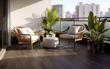 Modern loft balcony with wooden floors, concrete walls and rattan furniture. Generative AI