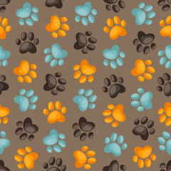 Paw pet vector seamless pattern, dog or cat footprint texture, foot track wallpaper. Cute colorful background with animals footprints, seamless pattern vector, footprint color background repeat.