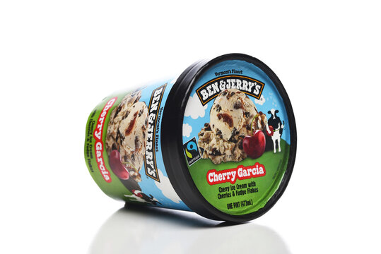 IRVINE, CALIFORNIA - 4 OCT 2023:  A carton of Ben and Jerrys Cherry Garcia Ice Cream on its side.