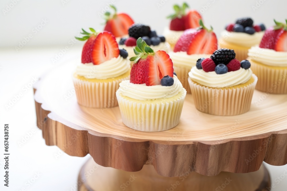 Sticker fruit topped cupcakes on a wooden cake stand