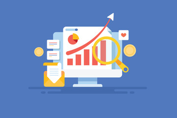 Fototapeta premium Income graph arrow going upward, business generating more revenues from paid advertising and display ad network, digital finance report conceptual vector illustration web banner.