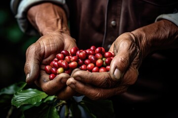 Close-up arabica coffee berries with agriculturist hands - obrazy, fototapety, plakaty