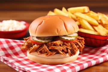 bbq pulled pork sandwich on a red checkered tablecloth