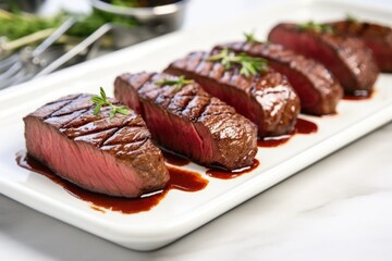 grilled venison steaks on a white ceramic platter
