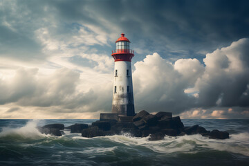 Tall lighthouse at the north sea under a cloudy sky - obrazy, fototapety, plakaty