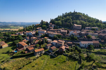 Aerial view above the French Village of Usson in Auvergne, France
