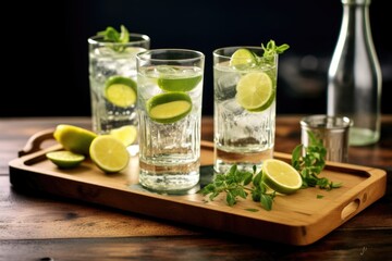 Fototapeta premium multiple glasses of gin and tonic on a wooden tray