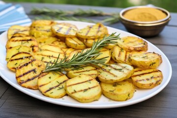 grilled potatoes and rosemary on a serving platter